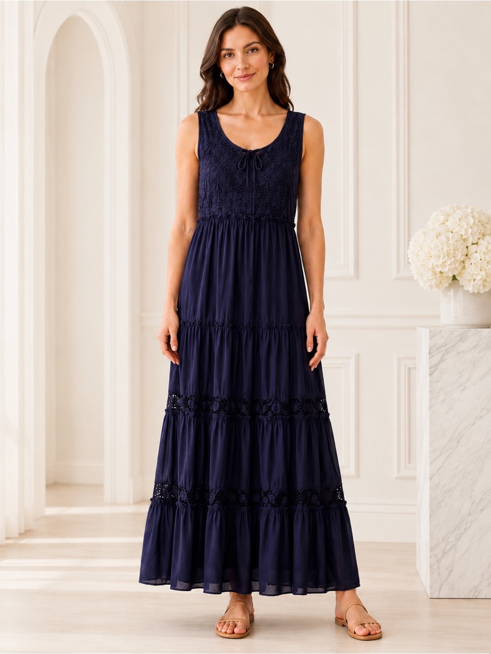 NY Collection Navy Blue Lace Bodice Tiered Maxi Dress Boho NWT Medium